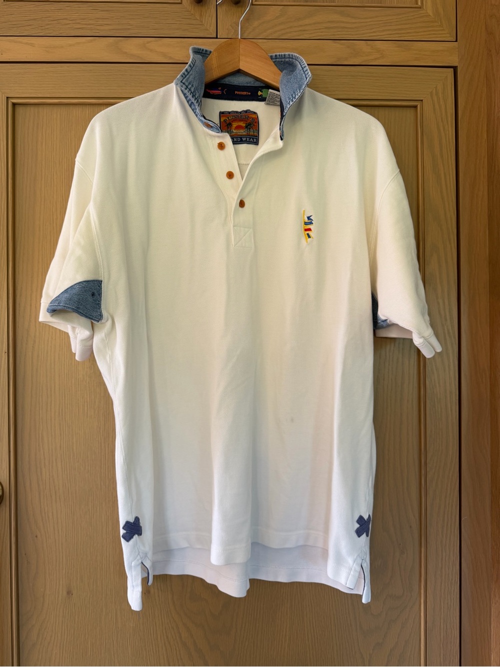 Vintage Men's White Polo Shirt with Contrast Denim Trim Iconic Island Wear / LG